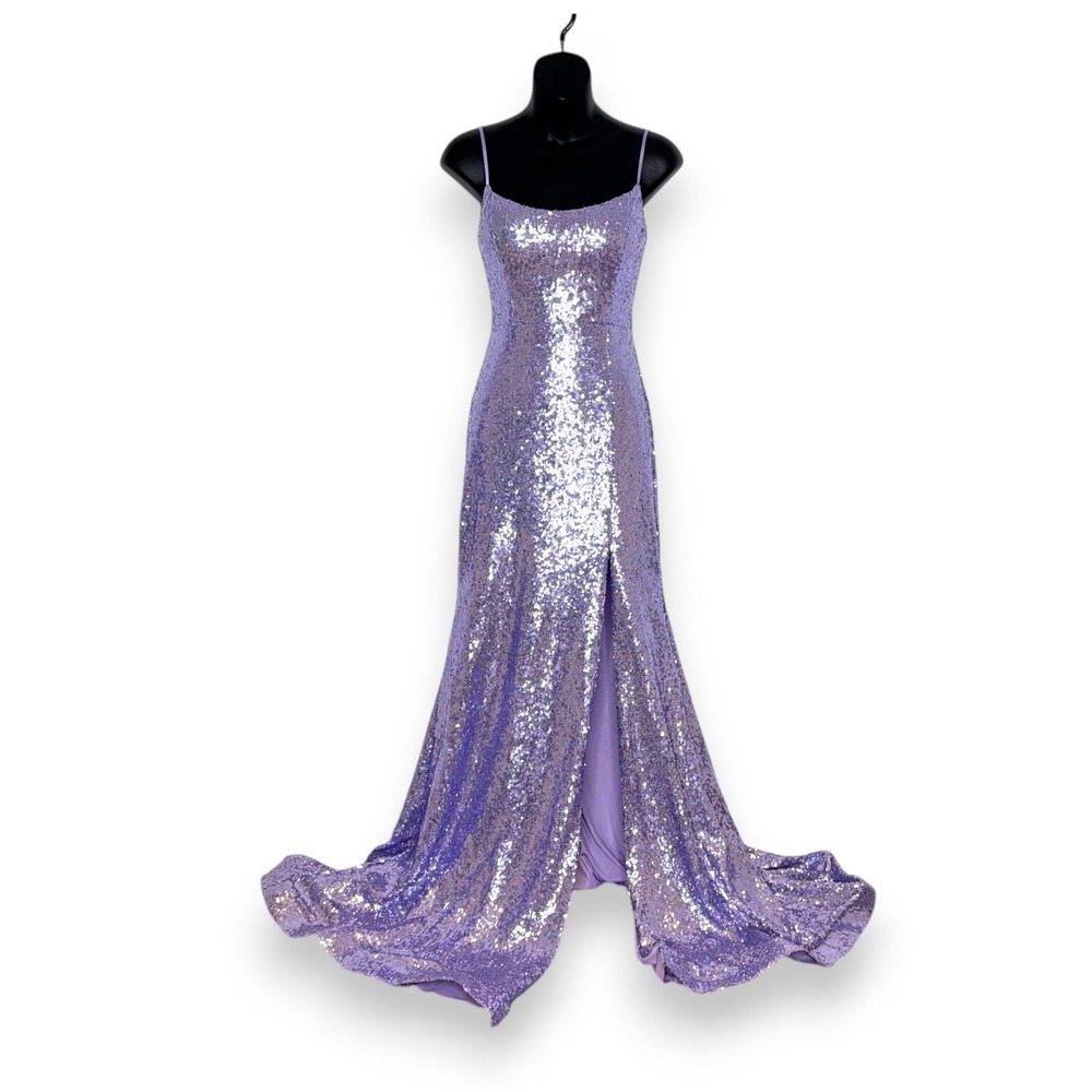 B. Darlin Sequin Formal Gown Women 5/6 Lavender Purple Lace Up Back Front Slit